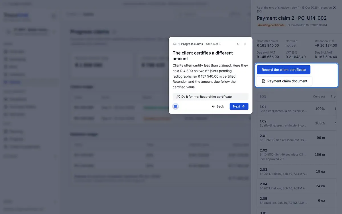 The client's certified amount is recorded against payment claim 2, with retention worked out.