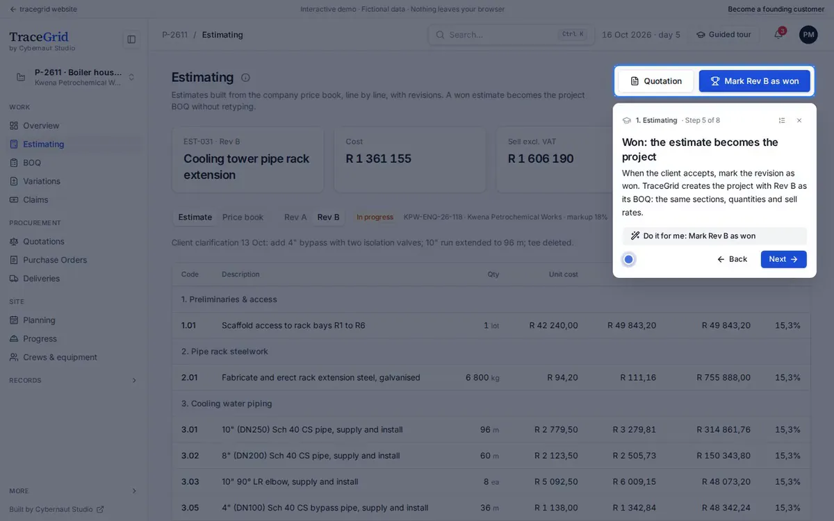 Rev B of the estimate is marked as won and becomes a new project with its BOQ.