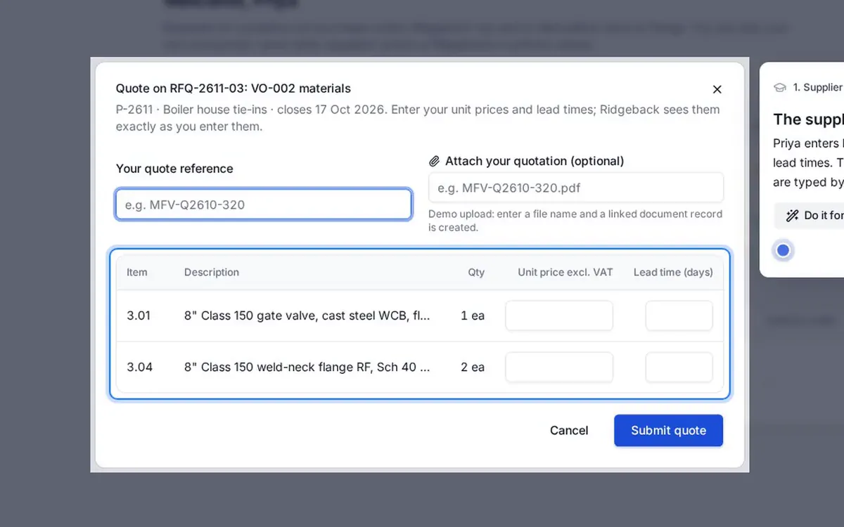 A supplier enters unit prices and lead times in the supplier portal and submits the quote.