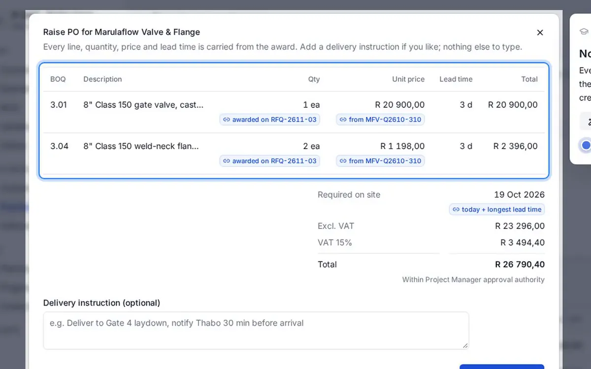 Raise PO: the pre-filled draft purchase order is created from the award in one click.