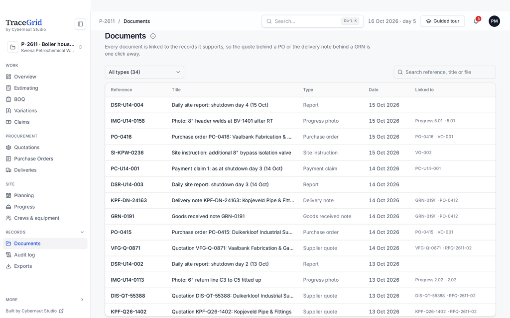 Documents: every quote, order, delivery note and report filed against the record it belongs to.